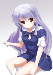 Rule 34 | 1girl, artist request, blue bow, blue bowtie, blue dress, blue hair, blush, bow, bowtie, closed mouth, collarbone, dress, feet out of frame, female focus, gradient background, grey background, grisaia (series), hair between eyes, highres, kazami kazuki, kneehighs, looking at viewer, red eyes, shirt, short sleeves, simple background, sitting, smile, socks, solo, tsurime, white background, white shirt, white socks