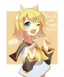 Rule 34 | 1girl, animal ears, arm warmers, aryuma772, bare shoulders, black collar, black sleeves, blonde hair, blue eyes, bow, cat ears, collar, commentary, crop top, detached sleeves, english text, fang, hair bow, hair ornament, hairclip, hands up, jack-o&#039;-lantern, kagamine rin, looking at viewer, neckerchief, one eye closed, open mouth, sailor collar, school uniform, shirt, short hair, sleeveless, sleeveless shirt, smile, solo, speech bubble, swept bangs, treble clef, trick or treat, upper body, vocaloid, white bow, white shirt, yellow neckerchief