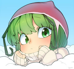 Rule 34 | 1girl, alternate costume, antennae, blush, green eyes, green hair, hat, looking at viewer, matching hair/eyes, pom pom (clothes), portrait, ribbed sweater, short hair, solo, spacezin, sweater, touhou, upper body, wriggle nightbug