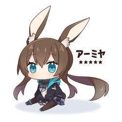 Rule 34 | 1girl, amiya (arknights), animal ear fluff, animal ears, arknights, blue eyes, brown hair, brown pantyhose, character name, chibi, commentary, dokumi, full body, jacket, long hair, pantyhose, rabbit ears, simple background, sitting, solo, star (symbol), white background