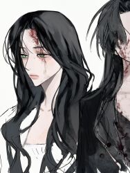 1girl black_hair black_jacket blood blood_on_face chinese_commentary closed_mouth commentary_request dress expressionless green_eyes highres jacket lee_q_p long_hair multiple_views original simple_background upper_body white_background white_dress