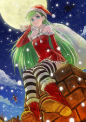 Rule 34 | 1girl, bad id, bad pixiv id, boots, chimney, christmas, cloud, docoi, dress, elbow gloves, full moon, fur boots, gloves, green hair, moon, original, red gloves, santa boots, santa claus, santa costume, sitting, snow, solo, striped clothes, striped thighhighs, thighhighs