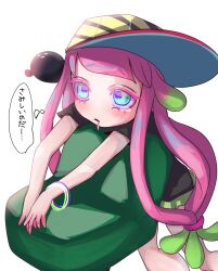 Rule 34 | 1girl, black shirt, blue eyes, blush, bracelet, chair, colored eyelashes, drooling, green hair, green skirt, harmony&#039;s clownfish (splatoon), harmony (splatoon), hat, highres, jewelry, leaning on object, miniskirt, multicolored hair, nintendo, parted lips, pink hair, shirt, sideways hat, simple background, skirt, splatoon (series), splatoon 3, striped clothes, striped headwear, t-shirt, tama nya, tentacle hair, thought bubble, translation request, white background