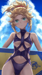 Rule 34 | 1girl, bare shoulders, blonde hair, blue sky, blush, braid, breasts, fate/grand order, fate (series), french braid, green eyes, highres, long hair, looking at viewer, mordred (fate), mordred (fate/apocrypha), navel, parted bangs, ponytail, sidelocks, sky, small breasts, solo, surfboard, swimsuit, tonee