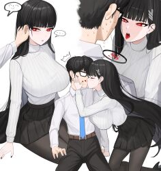 Rule 34 | ..., 1boy, 1girl, absurdres, adjusting another&#039;s hair, belt, black hair, black nails, black pantyhose, black skirt, blue archive, blue necktie, breasts, bright pupils, brown belt, collared shirt, ddog, glasses, hair ornament, hairclip, halo, heart, hetero, highres, kiss, large breasts, long hair, multiple boys, necktie, opaque glasses, pantyhose, pleated skirt, red eyes, ribbed sweater, rio (blue archive), saliva, sensei (blue archive), shirt, shirt tucked in, skirt, spoken ellipsis, spoken smile, sweat, sweater, turtleneck, turtleneck sweater, white pupils, white shirt, white sweater