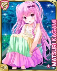 Rule 34 | 1girl, blush, bow, character name, cloud, dress, fireworks, girlfriend (kari), hair bow, hugging own legs, jewelry, kagami matsuri, knees up, long hair, looking at viewer, multicolored clothes, multicolored dress, necklace, night, night sky, official art, open mouth, outdoors, pink eyes, pink hair, qp:flapper, ribbon, sitting, sky, smile, solo, sparkler, stairs, star (sky), sundress, tree, two side up