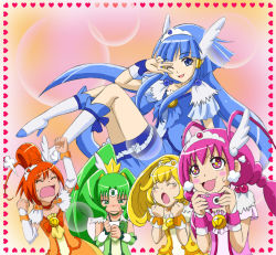 Rule 34 | 10s, 5girls, :d, angry, aoki reika, blonde hair, blue eyes, blue hair, blue skirt, blush, blush stickers, boots, bow, camera, clenched hand, clenched hands, cure beauty, cure happy, cure march, cure peace, cure sunny, fuchi (nightmare), green eyes, green hair, hair flaps, heart, heartcatch precure!, heavy breathing, hino akane (smile precure!), hoshizora miyuki, kise yayoi, knee boots, midorikawa nao, multiple girls, one eye closed, open mouth, orange hair, pink bow, pink eyes, pink hair, precure, raised fist, red hair, salute, skirt, smile, smile precure!, sparkling eyes, tears, tsukikage yuri, two-finger salute, v, wavy mouth, wink, yellow bow