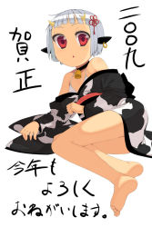 Rule 34 | 00s, 1girl, 2009, animal ears, animal print, bad id, bad pixiv id, barefoot, bell, neck bell, collar, cow ears, cow print, feet, flat chest, horns, japanese clothes, kimono, kotoyoro, lesskiss, new year, red eyes, short hair, solo, translation request