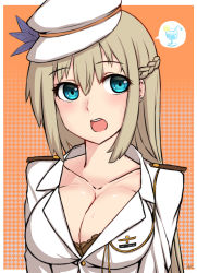 Rule 34 | 1girl, absurdres, black bra, blue eyes, blush, bra, breasts, brown hair, cleavage, collarbone, cup, drinking glass, drinking straw, hat, highres, ice, ice cube, large breasts, lexington (warship girls r), long hair, looking at viewer, open mouth, orange background, shou jian yu, solo, speech bubble, sweat, underwear, upper body, warship girls r, white hat