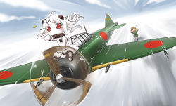 Rule 34 | &gt; &lt;, 10s, 2girls, abyssal ship, ahoge, aircraft, airplane, brown hair, chasing, closed eyes, colored skin, commentary request, covered mouth, dress, fairy (kancolle), flying sweatdrops, horns, kantai collection, mittens, multiple girls, northern ocean princess, open mouth, pointing, red eyes, riding, running, short hair, sitting, sparkle, vehicle focus, white dress, white hair, white mittens, white skin, wind, yaosera
