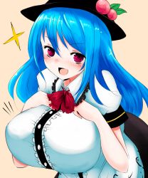 Rule 34 | &gt;:d, 1girl, :d, blue hair, blush, breast suppress, breasts, doyagao, female focus, han (jackpot), hat, hinanawi tenshi, huge breasts, long hair, open mouth, red eyes, smile, smug, solo, sparkle, touhou, v-shaped eyebrows