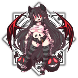 Rule 34 | 1girl, bat (animal), belt, black hair, blush, breasts, chain, crazy developers, crop top, fang, highres, large breasts, long hair, original, pointy ears, red eyes, shoes, short shorts, shorts, sneakers, solo, striped clothes, striped thighhighs, thighhighs, unbuttoned, underboob, unzipped, very long hair, wings, zettai ryouiki