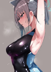 Rule 34 | 1girl, animal ear fluff, animal ears, armpits, arms up, black one-piece swimsuit, blue archive, competition swimsuit, cross hair ornament, extra ears, grey hair, hair ornament, halo, highleg, highleg swimsuit, highres, medium hair, multicolored clothes, multicolored swimsuit, muoto, official alternate costume, one-piece swimsuit, ponytail, shiroko (blue archive), shiroko (swimsuit) (blue archive), swimsuit, two-tone swimsuit, wolf ears