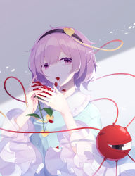 Rule 34 | 1girl, absurdres, blood, blood drop, blouse, blue shirt, buttons, commentary request, eating, eyeball, feet out of frame, fingernails, flower, frilled shirt collar, frilled sleeves, frills, hairband, heart button, highres, holding, holding flower, in mouth, komeiji satori, looking at viewer, open mouth, petals, pink eyes, pink hair, red flower, rose petals, shinketsu kanyu, shirt, short hair, solo, standing, teeth, third eye, thorns, touhou, upper teeth only, wide sleeves