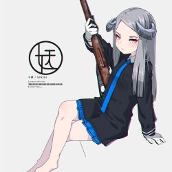 Rule 34 | 1girl, arm support, arm up, bare legs, barefoot, black jacket, blue necktie, blue skirt, breast pocket, chromatic aberration, closed mouth, collared shirt, crossed legs, curled horns, foot out of frame, from side, gloves, grey hair, gun, highres, holding, holding weapon, horns, jacket, kuro kosyou, long hair, long sleeves, looking at viewer, necktie, original, parted bangs, pink eyes, pleated skirt, pocket, reclining, rifle, shirt, simple background, sitting, skirt, sleeves past wrists, solo, straight hair, weapon, white shirt