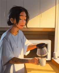 Rule 34 | 1boy, arm tattoo, black hair, coffee pot, commentary, cup, english commentary, hair behind ear, hair bun, highres, holding, holding cup, jewelry, keshi (singer), looking down, male focus, messy hair, mug, necklace, parted bangs, pouring, real life, sam yang, single hair bun, solo, sunlight, tattoo
