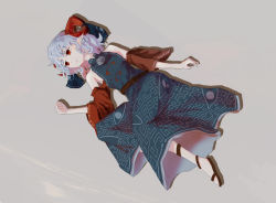 Rule 34 | 1girl, :|, bad id, bad pixiv id, bare shoulders, belt, blue dress, blue ribbon, closed mouth, commentary, curly hair, detached sleeves, dress, expressionless, eye print, from above, full body, grey hair, highres, horn ornament, horn ribbon, horns, lfacras, looking away, lying, meandros, on back, pointy ears, red eyes, red horns, red sleeves, ribbon, sandals, sheep horns, short hair, solo, touhou, toutetsu yuuma, wide sleeves