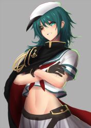 Rule 34 | 10s, 1girl, cape, crossed arms, eyepatch, gloves, green eyes, green hair, hat, highres, kantai collection, kiso (kancolle), kiso kai ni (kancolle), long hair, matching hair/eyes, school uniform, sigm@, simple background, sketch, smile, solo