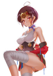 Rule 34 | 10s, 1girl, ass, backlighting, bandaged leg, bandages, bare shoulders, blue ribbon, blurry, breasts, brown hair, choker, closed mouth, collarbone, corset, depth of field, eyelashes, from below, headpiece, highres, koutetsujou no kabaneri, lens flare, light frown, looking at viewer, medium breasts, miniskirt, mumei (kabaneri), off shoulder, panties, pantyshot, pleated skirt, red eyes, ribbon, ribbon choker, short hair, sideboob, simple background, skirt, sleeveless, solo, standing, topknot, underwear, upskirt, white background, white panties, yunsang