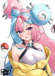 Rule 34 | 1girl, :o, absurdres, bare shoulders, black jacket, blue hair, bow-shaped hair, breasts, character hair ornament, collarbone, creatures (company), fang, game freak, gen 1 pokemon, gradient background, grey shirt, hair ornament, highres, iono (pokemon), jacket, large breasts, light blue hair, logo, long sleeves, looking at viewer, lower teeth only, magnemite, multicolored clothes, multicolored hair, multicolored jacket, nekoya minamo, nintendo, open mouth, oversized clothes, pink eyes, pink hair, poke ball, poke ball (basic), pokemon, pokemon sv, shirt, sleeveless, sleeveless shirt, sleeves past fingers, sleeves past wrists, solo, split-color hair, teeth, two-tone hair, two-tone jacket, very long sleeves, white background, wide sleeves, x, yellow jacket