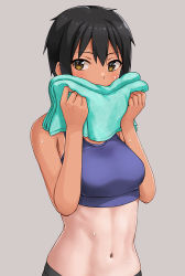 Rule 34 | 1girl, bare shoulders, black hair, blush, breasts, brown background, brown eyes, hashi, holding, holding towel, medium breasts, navel, one-piece tan, original, short hair, simple background, solo, sports bra, stomach, tan, tanline, toned, towel, upper body, wiping sweat