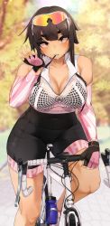 Rule 34 | absurdres, bicycle, bike shorts, biting, black bra, bottle, bra, breasts, covered navel, detached sleeves, eyewear on head, fishnet top, fishnets, glove biting, gloves, highres, jovejun, knees, original, outdoors, riding, riding bicycle, shorts, solo, sports sunglasses, sunglasses, tight clothes, underwear, water bottle