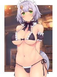 Rule 34 | 1girl, :o, amane hasuhito, arm garter, arms behind back, bikini, black bikini, black bow, black bowtie, bow, bowtie, braid, braided bangs, breasts, commentary request, genshin impact, grey hair, hair ornament, large breasts, looking at viewer, maid, maid bikini, maid headdress, noelle (genshin impact), side-tie bikini bottom, solo, swimsuit, unconventional maid