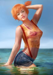 Rule 34 | 1girl, arm behind back, arm up, artist name, bare shoulders, bikini, bikini under clothes, blue shorts, blue sky, bra, breasts, collarbone, cowboy shot, creatures (company), crop top, cutoffs, day, denim, denim shorts, eyelashes, game freak, green eyes, hair ornament, hair tie, hemolami, highres, lips, lipstick, makeup, misty (pokemon), nintendo, nose, ocean, orange hair, outdoors, parted lips, partially submerged, patreon username, pink lips, pokemon, pokemon (anime), pokemon (classic anime), realistic, red bikini, red bra, see-through, shirt, short hair, short shorts, shorts, side ponytail, sky, sleeveless, sleeveless shirt, small breasts, smile, solo, standing, stomach, suspenders, swimsuit, swimsuit under clothes, teeth, underwear, wading, walking, water, watermark, web address, wet, wet clothes, wet shirt