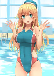 Rule 34 | 10s, 1girl, atago (kancolle), bad id, bad pixiv id, bare arms, bare shoulders, beret, blonde hair, blue one-piece swimsuit, blurry, breasts, collarbone, competition swimsuit, cowboy shot, depth of field, green eyes, hair between eyes, hat, highres, impossible clothes, kantai collection, large breasts, lips, long hair, looking at viewer, multicolored clothes, multicolored swimsuit, one-piece swimsuit, open mouth, osananajimi neko, revision, solo, swimsuit, thighs