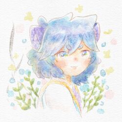 Rule 34 | 1boy, aged down, animal ears, blue flower, blush, bug, butterfly, child, fengxi (the legend of luoxiaohei), flower, highres, insect, leaf, looking at viewer, luo xiaohei zhanji, morumoru172, portrait, smile, solo, traditional media
