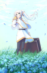 Rule 34 | 1girl, absurdres, aqua eyes, black pants, capelet, commentary, dress, earrings, field, flower, flower field, frieren, grass, hand in own hair, highres, holding, holding suitcase, jewelry, pants, pants under dress, petals, pointy ears, solo, sousou no frieren, suitcase, twintails, twitter username, udon-udon, white capelet, white dress, white hair
