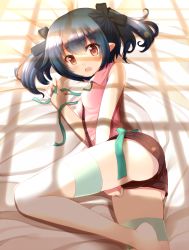 Rule 34 | 1girl, ass, ayame (komone ushio), bed, between legs, black hair, blush, fang, feet, hair ribbon, hand between legs, highres, komone ushio, long legs, lying, on side, open mouth, original, pointy ears, red eyes, ribbon, shorts, sleeveless, solo, thighhighs, twintails, white thighhighs, window shadow