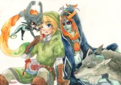 Rule 34 | 1boy, 1girl, bad id, bad pixiv id, blue skin, candy, colored skin, dual persona, food, front ponytail, heart, helmet, hood, jar, kobachi, link, wolf link, long hair, midna, midna (true), nintendo, open mouth, orange hair, pointy ears, red eyes, sketch, smile, spoilers, the legend of zelda, the legend of zelda: twilight princess, time paradox, wolf