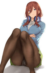 Rule 34 | 1girl, blue cardigan, blue eyes, breasts, brown hair, brown pantyhose, cardigan, closed mouth, crotch seam, go-toubun no hanayome, green skirt, hair between eyes, headphones, headphones around neck, highres, knees together feet apart, large breasts, long hair, long sleeves, looking at viewer, nakano miku, panties, panties under pantyhose, pantyhose, pantyshot, shirt, simple background, sitting, skirt, solo, terry (pixiv3274443), underwear, white background, white panties, white shirt