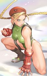 Rule 34 | 1girl, ahoge, antenna hair, beret, blonde hair, blue eyes, boots, braid, breasts, cammy white, chest harness, commentary, fingerless gloves, garrison cap, gloves, green leotard, harness, hat, highleg, highleg leotard, highres, holster, leotard, long hair, looking to the side, medium breasts, o o soy, ribbed leotard, scar, solo, street fighter, street fighter v, superhero landing, thigh holster, thighs, twin braids