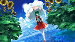 Rule 34 | 1girl, ascot, blue sky, closed mouth, cloud, cloudy sky, collar, collared shirt, flower, fumikiri (dake no hito), green hair, hands up, holding, holding umbrella, kazami yuuka, lake, leaf, looking to the side, niconico, pantyhose, pink pantyhose, plaid, plaid skirt, red eyes, red footwear, red skirt, red vest, shirt, shoes, short hair, short sleeves, skirt, sky, smile, solo, standing, sun, sunflower, sunlight, touhou, umbrella, vest, water, white pantyhose, white shirt, yellow ascot
