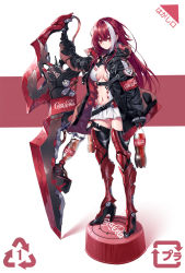 Rule 34 | 1girl, arrow (symbol), black gloves, blouse, boots, breasts, coca-cola, full body, gloves, heirou, high collar, high heel boots, high heels, holding, holding sword, holding weapon, huge weapon, jacket, long hair, looking at viewer, medium breasts, miniskirt, navel, original, recycling symbol, red eyes, red hair, shirt, skin tight, skirt, standing, strap, sword, thigh boots, thighhighs, weapon, white shirt