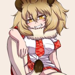 Rule 34 | 10s, 1girl, animal ears, blonde hair, blush, fur collar, grin, hair between eyes, hanya (hanya yashiki), kemono friends, knee up, lion (kemono friends), lion ears, lion tail, looking at viewer, naughty face, necktie, no panties, pleated skirt, shirt, short hair, short sleeves, simple background, sitting, skirt, slit pupils, smile, solo, spread legs, tail, tail censor, thighhighs, upskirt, yellow eyes