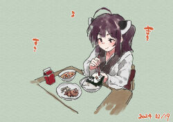 Rule 34 | 1girl, ahoge, blush, brown eyes, brown hair, chopsticks, closed mouth, commentary request, dated, food, food request, green background, headgear, holding, holding chopsticks, japanese clothes, kimono, lamb (hitsujiniku), long sleeves, on chair, simple background, sitting, smile, solo, table, touhoku kiritan, translation request, twintails, voiceroid, white kimono, wide sleeves