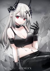 Rule 34 | 1girl, absurdres, arknights, arm strap, bare shoulders, black choker, black gloves, black pants, breasts, character name, choker, cleavage, collarbone, ear piercing, gloves, hair ornament, highres, horns, large breasts, long hair, looking at viewer, material growth, mudrock (arknights), navel, oripathy lesion (arknights), pants, parted lips, peneko, piercing, pointy ears, red eyes, silver hair, sitting, solo, sports bra, stomach