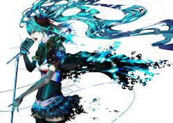 Rule 34 | 1girl, absurdres, aqua hair, bad id, bad pixiv id, blue eyes, bouno satoshi, corset, dissolving clothes, earrings, elbow gloves, flower, gloves, hair flower, hair ornament, hatsune miku, highres, jewelry, long hair, microphone, microphone stand, music, open mouth, pale skin, singing, skirt, solo, thighhighs, very long hair, vocaloid