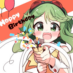 Rule 34 | 1girl, absurdres, aiming, aiming at viewer, bare shoulders, confetti, goggles, goggles on head, green eyes, green hair, gumi, happy birthday, highres, looking at viewer, medium hair, open mouth, orange shirt, pachio (patioglass), party popper, red goggles, shirt, sleeveless, sleeveless shirt, smile, solo, streamers, upper body, vocaloid, wrist cuffs