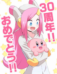 Rule 34 | 1boy, 1girl, blue eyes, gloves, helmet, highres, holding, kirby, kirby: planet robobot, kirby (series), kurachi mizuki, long hair, mittens, nintendo, open mouth, personification, pink hair, simple background, smile, susie (kirby), translation request, white background, yellow gloves, yellow mittens