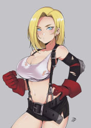 Rule 34 | 1girl, absurdres, android 18, asymmetrical hair, blonde hair, blue eyes, blush, breasts, cleavage, cosplay, cowboy shot, delux drawings, detached sleeves, dragon ball, elbow pads, final fantasy, final fantasy vii, gloves, hand up, highres, large breasts, navel, red gloves, shirt, single detached sleeve, skirt, solo, suspender skirt, suspenders, swept bangs, thighs, tifa lockhart, tifa lockhart (cosplay), torn clothes, torn shirt, torn sleeve, white shirt