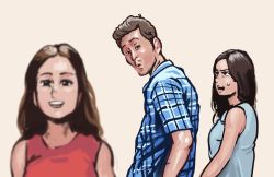 Rule 34 | 1boy, 2girls, :d, :o, absurdres, angry, black eyes, blue shirt, brown eyes, brown hair, chanta (ayatakaoisii), distracted boyfriend (meme), grey background, highres, meme, multiple girls, open mouth, red shirt, shirt, simple background, smile, wide-eyed