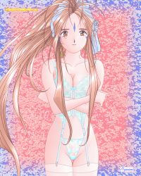 Rule 34 | 1girl, aa megami-sama, abstract background, antenna hair, belldandy, breasts squeezed together, breasts, brown eyes, brown hair, bustier, character name, cleavage, copyright name, corset, crossed arms, dithering, earrings, facial mark, floating hair, forehead mark, garter straps, groin, hair ribbon, highleg, highleg panties, jewelry, lace, lace panties, lingerie, long hair, looking at viewer, midriff, navel, panties, pc-98 (style), pixel art, ponytail, ribbon, see-through, signature, smile, thighhighs, underwear, very long hair