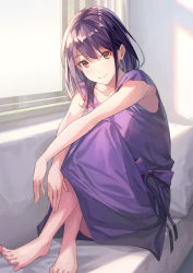 Rule 34 | 1girl, bare arms, barefoot, blush, closed mouth, collarbone, couch, day, dress, eyes visible through hair, full body, hair between eyes, highres, indoors, koh rd, long hair, looking at viewer, orange eyes, original, purple dress, purple hair, ribbon, sitting, sleeveless, sleeveless dress, smile, solo, spread toes, sundress, toes, window