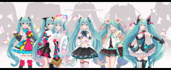 Rule 34 | absurdres, aqua eyes, aqua hair, bare shoulders, black thighhighs, cupping hands, detached sleeves, hatsune miku, highres, incredibly absurdres, long hair, magical mirai miku, magical mirai miku (2017), magical mirai miku (2018), magical mirai miku (2019), magical mirai miku (2020 summer), magical mirai miku (2020 winter), magical mirai miku (2021), miniskirt, multiple girls, necktie, own hands together, q t (pixiv), skirt, smile, striped clothes, striped thighhighs, thighhighs, twintails, vertical-striped clothes, vertical-striped thighhighs, very long hair, vocaloid, zettai ryouiki
