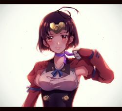 Rule 34 | 10s, 1girl, arm ribbon, armor, backlighting, bad id, bad pixiv id, blue ribbon, blush, breasts, brown hair, choker, closed mouth, corset, eyelashes, gloves, headpiece, holding, japanese armor, kote, koutetsujou no kabaneri, letterboxed, light particles, long sleeves, looking at viewer, mumei (kabaneri), purple ribbon, red eyes, ribbon, ribbon choker, sasakura34, shade, short hair, simple background, smile, solo, topknot, untying, upper body, white gloves