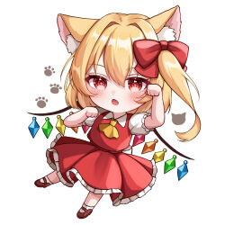 Rule 34 | 1girl, animal ears, animal print, ascot, blonde hair, blush, cat ears, cat girl, chibi, crystal wings, dress, fang, flandre scarlet, hair ribbon, highres, mary janes, naarsann, open mouth, paw pose, puffy short sleeves, puffy sleeves, red dress, red eyes, red ribbon, ribbon, shoes, short hair, short sleeves, side ponytail, simple background, touhou, white background, yellow ascot